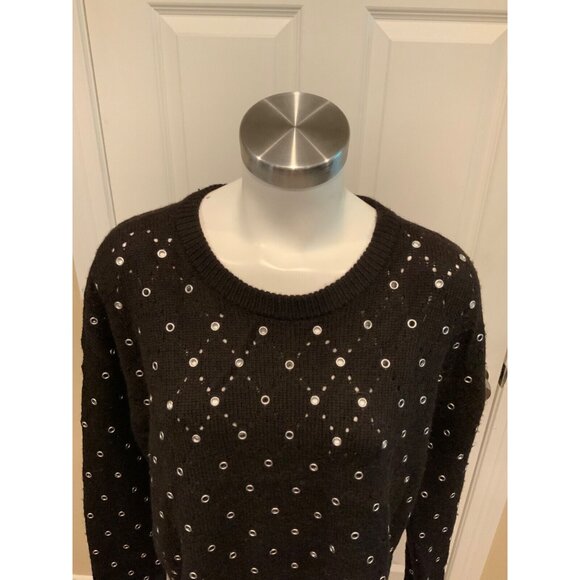Michael Kors Black 100% Wool Sweater W/ Silver Metal Rings, Size large - Picture 2 of 8